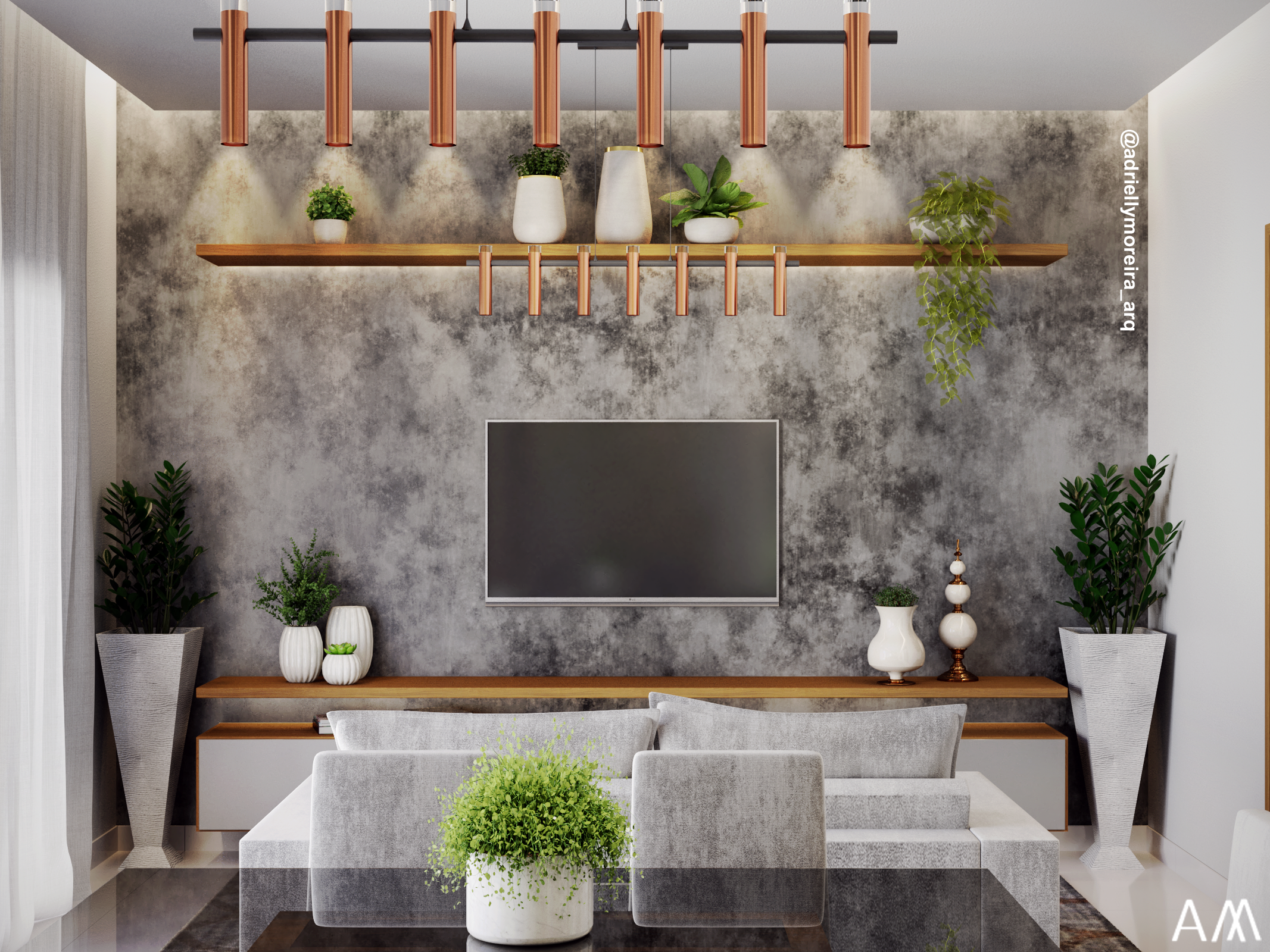 sala com parede de cimento queimado